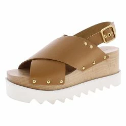 Discount 🎁 Stella McCartney Percy 👩 Womens Faux Leather Wood Wedge 🩴 Sandals 🛒
